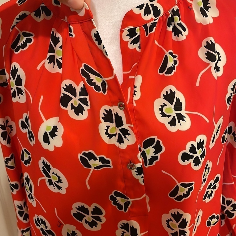 Juicy Couture Red Floral Blouse Size Small Long Sleeve - Picture 6 of 7